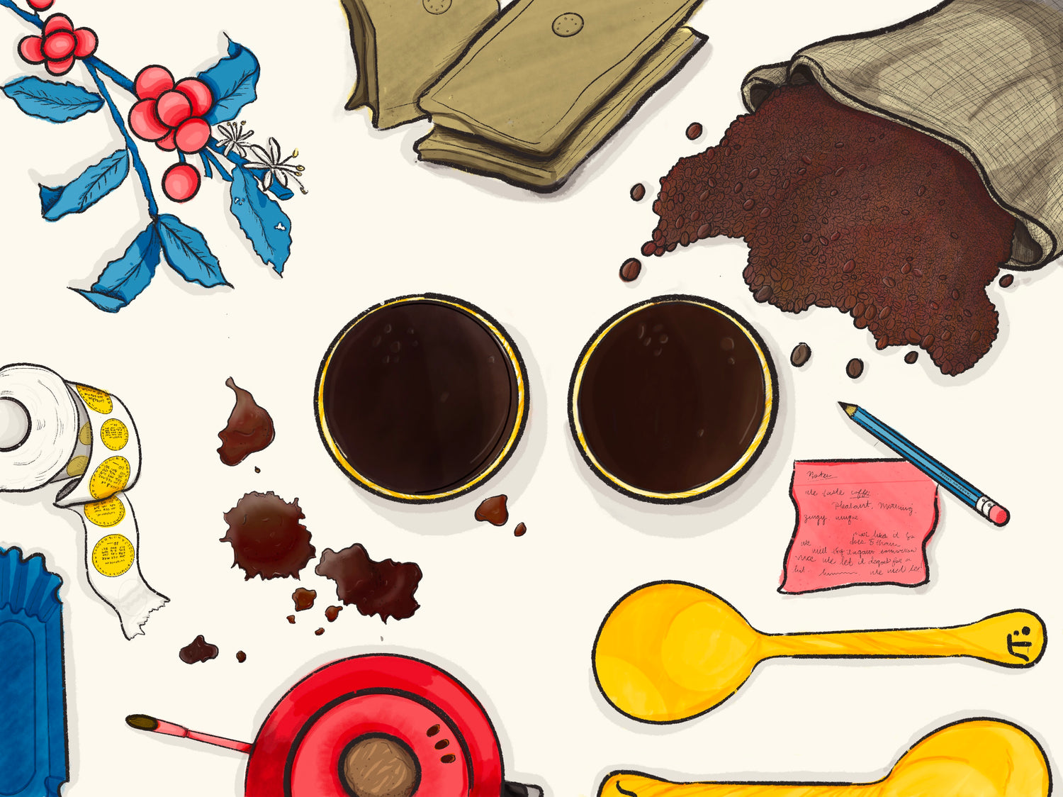 Illustration of coffee supplies including plant, bags, cupping spoon, coffee stains, cups, stickers, sorting tray, kettle, and notes all in brand colors